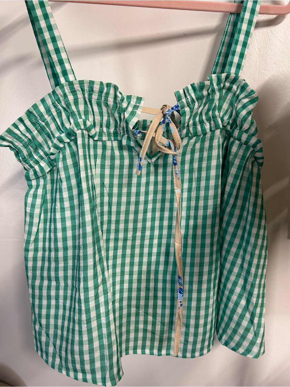 Green Gingham Tie-Front Sundress Top